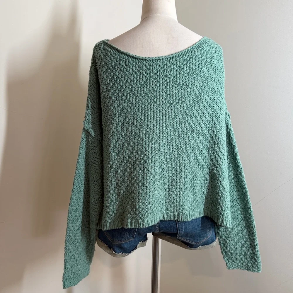 NEW! Free People White Spruce Cable Knit-M-Changing Tides Green Pullover Sweater